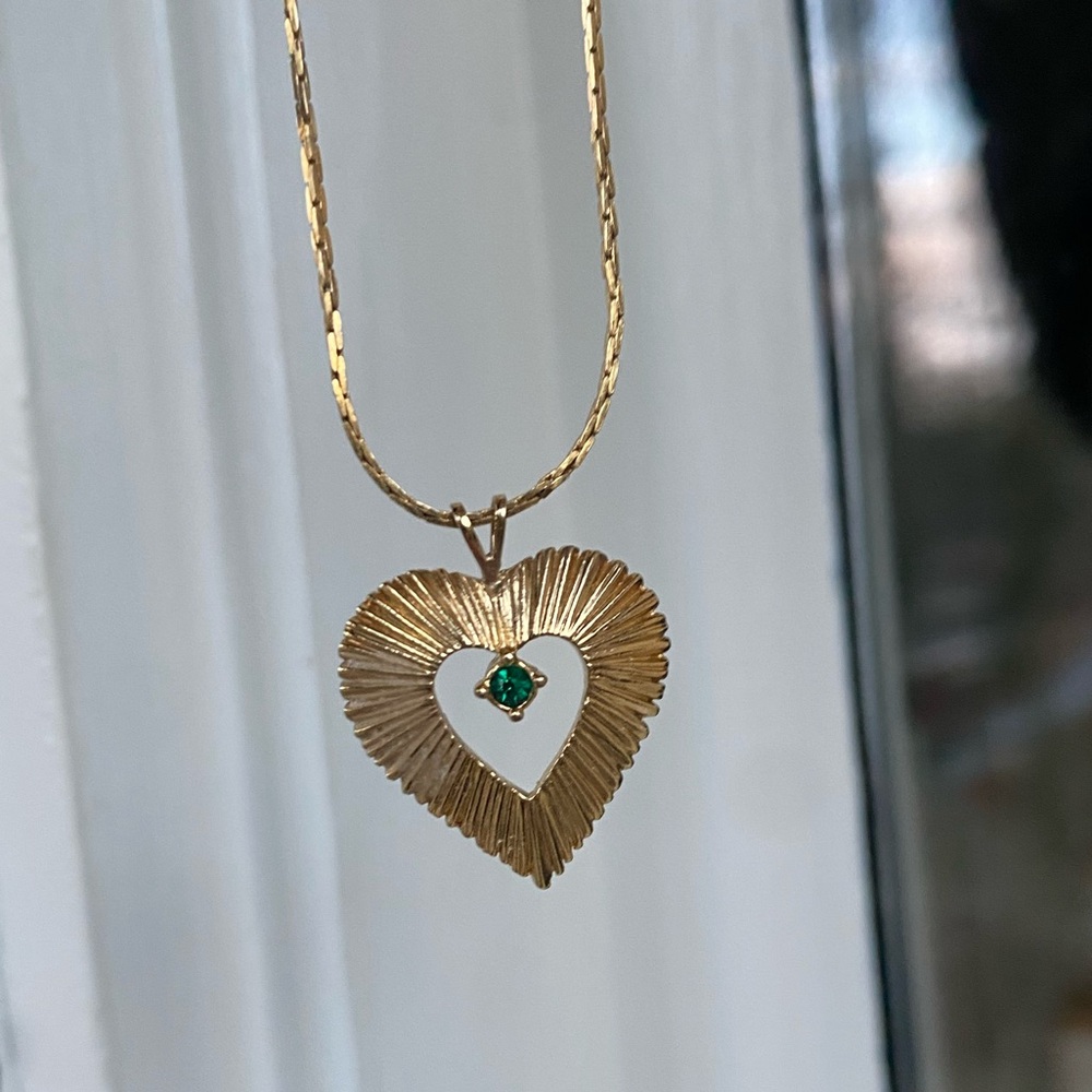 Gold Heart Pendant Necklace with Green Gemstone